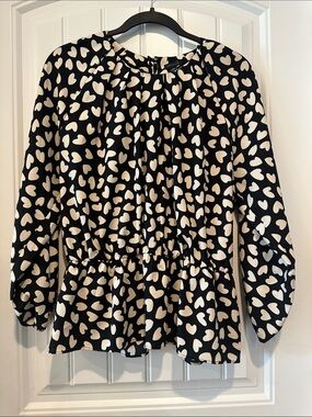 Ann Taylor Black Blouse with Cream Heart Print and Peplum